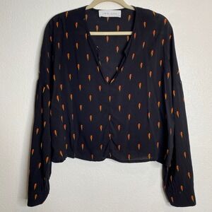 Iro Jeans Disja Blouse Top Size 40/‎ L Black Lightning Bolt Print Long Sleeve